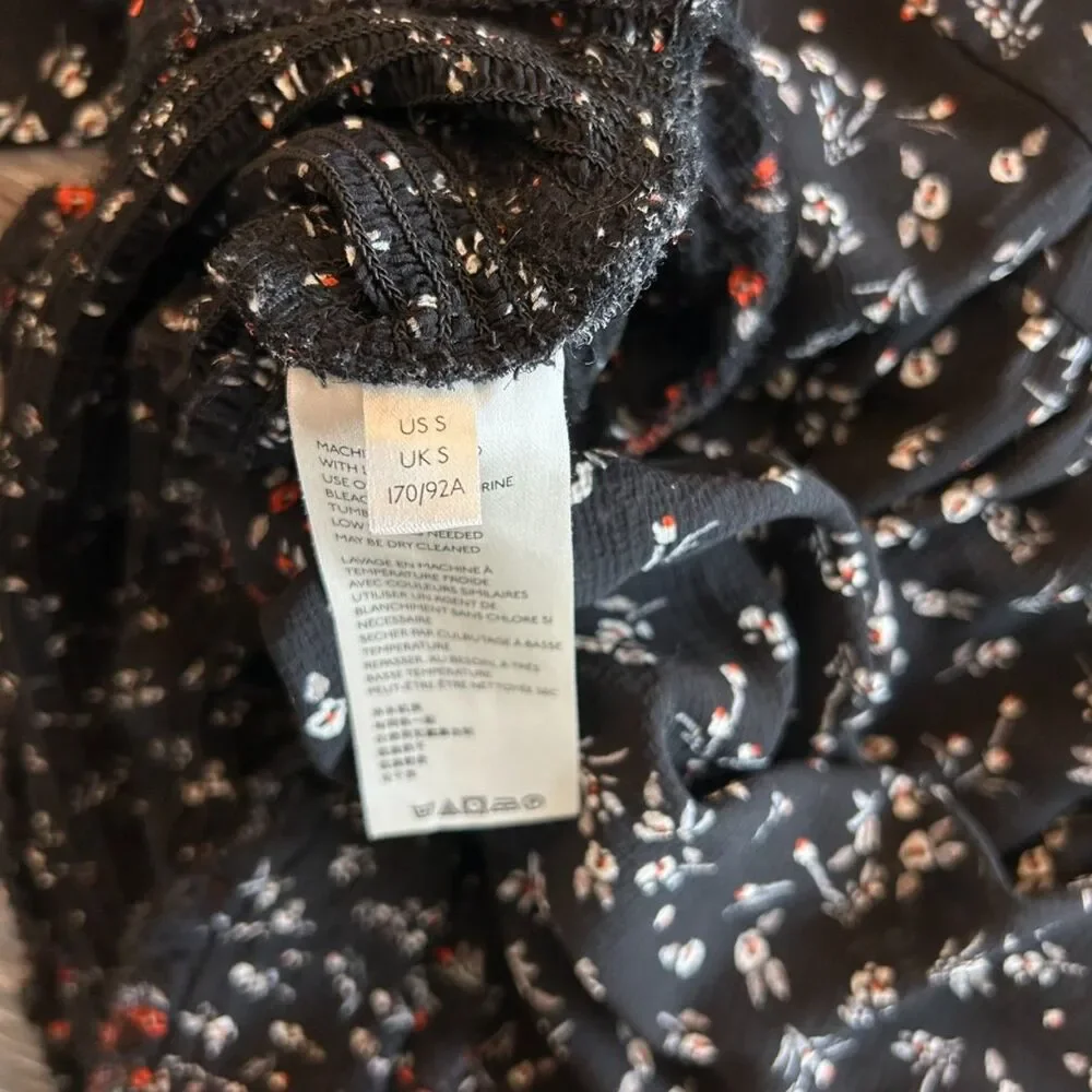 EUC Free People Lolita Floral Peasant Top Black Long Sleeve Boho Blouse Sz Small